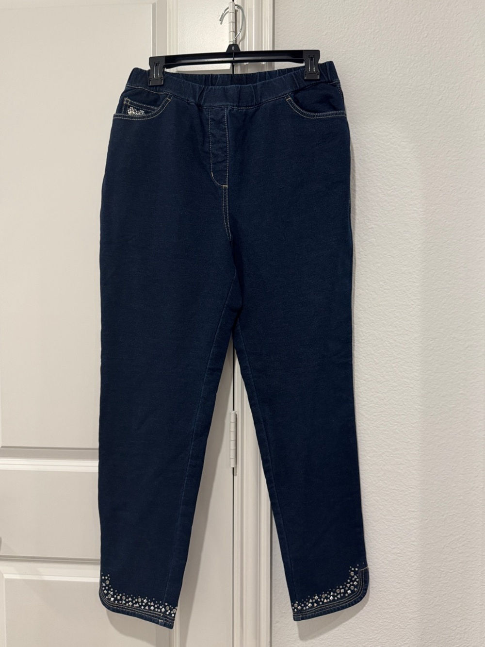 Quacker Factory Dream Jeannes Dark Blue Stretch Ankle Jeans with Beaded Hem